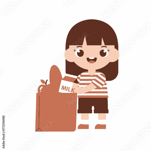 Happy little girl putting milk carton into a brown paper bag.