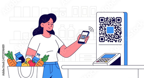 Woman using smartphone to scan QR code at checkout in a grocery store, paying with mobile payment.