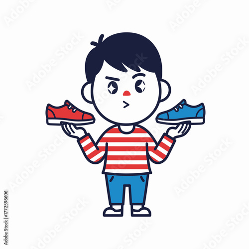 Boy holding shoes of different colors, choosing between red and blue.