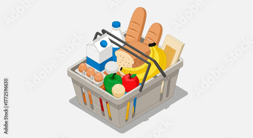 Isometric illustration of a shopping basket filled with various food items.