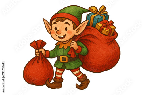 Illustration of an elf with gifts. Joyful Christmas spirit.