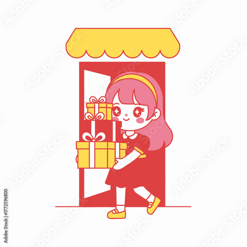 Cute cartoon girl with pink hair carrying a stack of gift boxes.