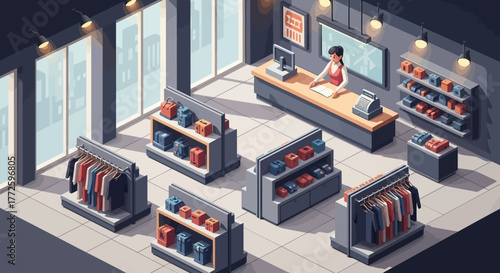 Isometric view of a clothing store with racks, shelves, and a cashier.