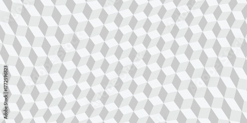 Abstract geometric background featuring a repeating pattern of grey and white 3D cubes or rhombuses, creating an optical illusion of depth. Seamless texture for modern design.