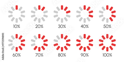Completion progress rings vector pack. Flat style circular percentage indicator. Simple loading status circle flat symbols. Load process tracking circle template vector