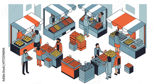 Isometric illustration of a bustling outdoor market with vendors and customers at various stalls.
