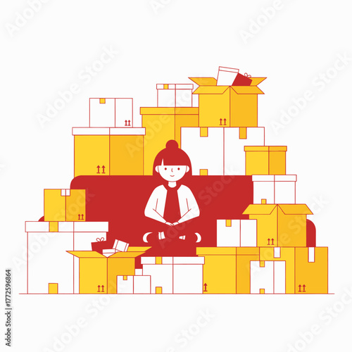 Woman Meditating Amidst Moving Boxes - Finding Peace in Chaos.