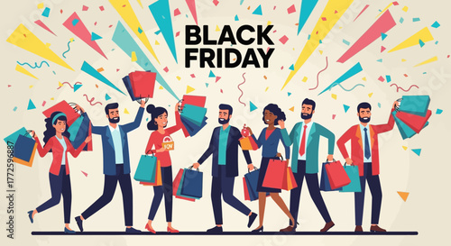 Black Friday sale with happy shoppers holding shopping bags.