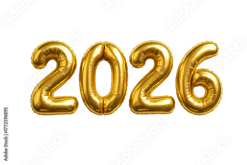 Golden balloons forming “2026”. New Year celebration.