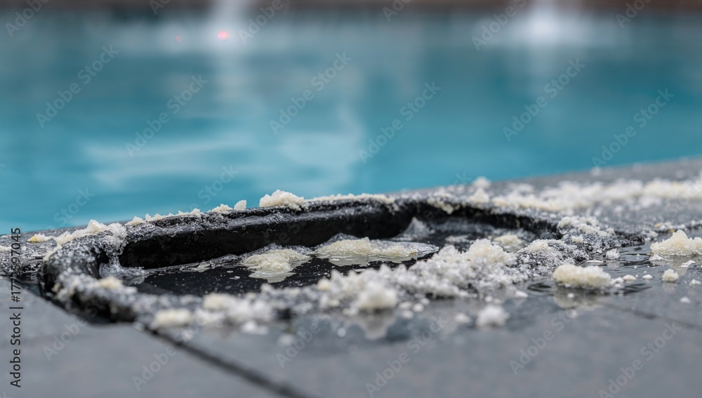 Fototapeta premium Residue buildup of lime and chlorine near the narrow gap of a water feature, centered on dark plastic elements. Out-of-focus backdrop reveals swirling water jets. Perfect for showcasing pool care and