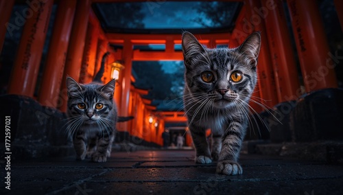 Stray cats residing in a shrine during a mystical night, showcasing themes of isolation