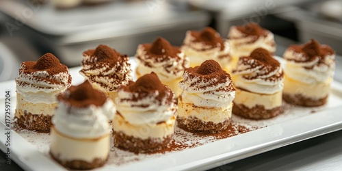 A tray of mini tiramisu desserts with whipped cream and cocoa powder on top, arranged neatly on a white plate with a blurred background.