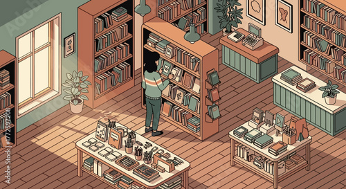 Isometric view of a bookstore with shelves, tables, and a person browsing books.