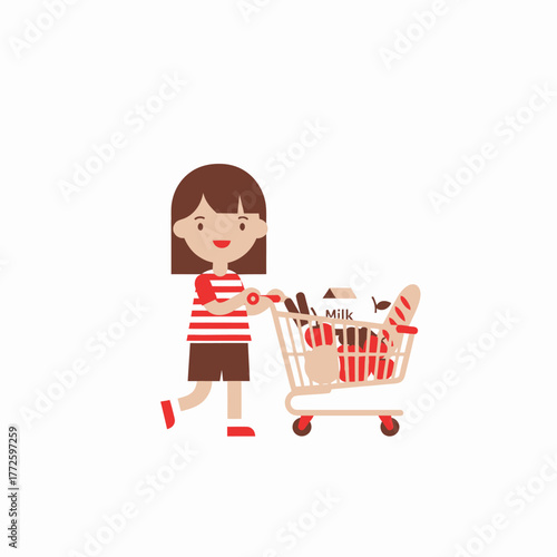 Cute cartoon girl pushing a shopping cart full of groceries.