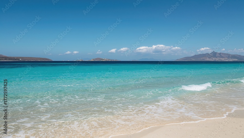 Obraz premium Beach scene featuring the ocean with distant islands, seasonal change