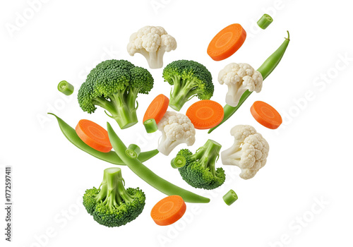 Fresh Mixed Vegetables Falling: Vibrant Broccoli, Cauliflower, Carrots & Green Beans on White