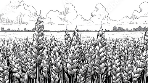 Black and white illustration of wheat field under cloudy sky