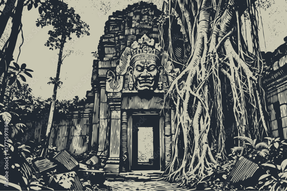 Naklejka premium Ancient jungle temple ruin overgrown with massive tree roots. Vector illustration in a vintage black and white woodcut or engraving art style.