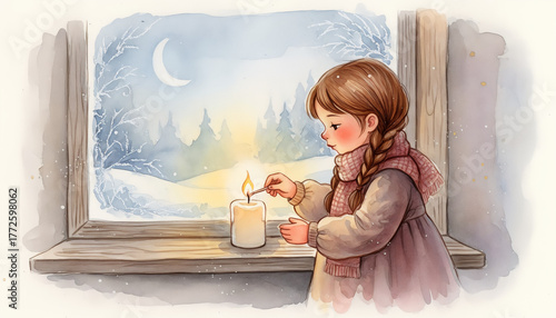 Girl Lighting Candle at Night — Warm Winter Watercolor Illustration