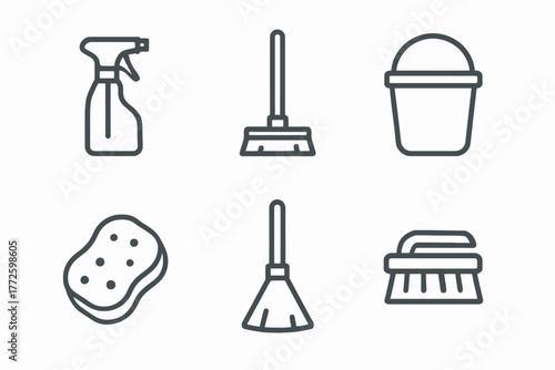 Cleaning tools icons: spray bottle, mop, bucket, sponge, broom, scrub brush