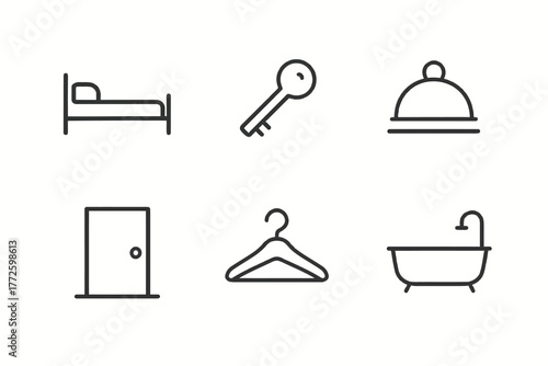 Minimalist hotel icons: bed key bell door hanger bathtub collection