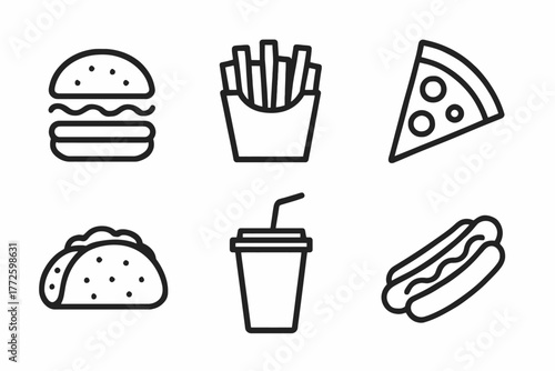 Fast food icons: burger, fries, pizza, taco, drink, hot dog outlined