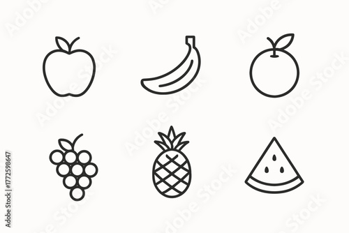 Simple black outline drawings of six different fruits in icon style