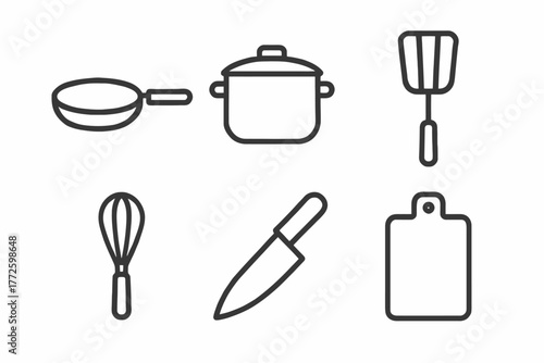 Minimalist kitchen utensils icons: frying pan, pot, spatula, whisk, knife, cutting board