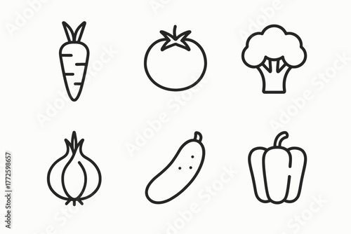 Outline icons of vegetables: carrot, tomato, broccoli, onion, cucumber, bell pepper