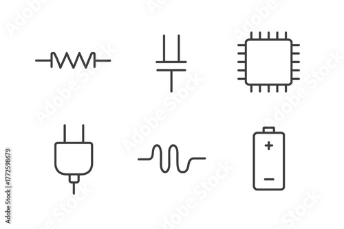 Electrical and electronic components: resistor, capacitor, microchip, plug, signal, battery icons
