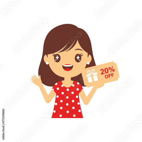 Happy cartoon girl in a red polka dot dress holding a discount coupon.