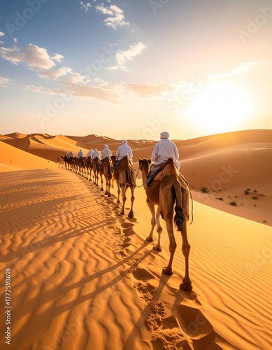 Camel Caravan Journeying Through Golden Desert Sands at Sunset, United Arab Emirates