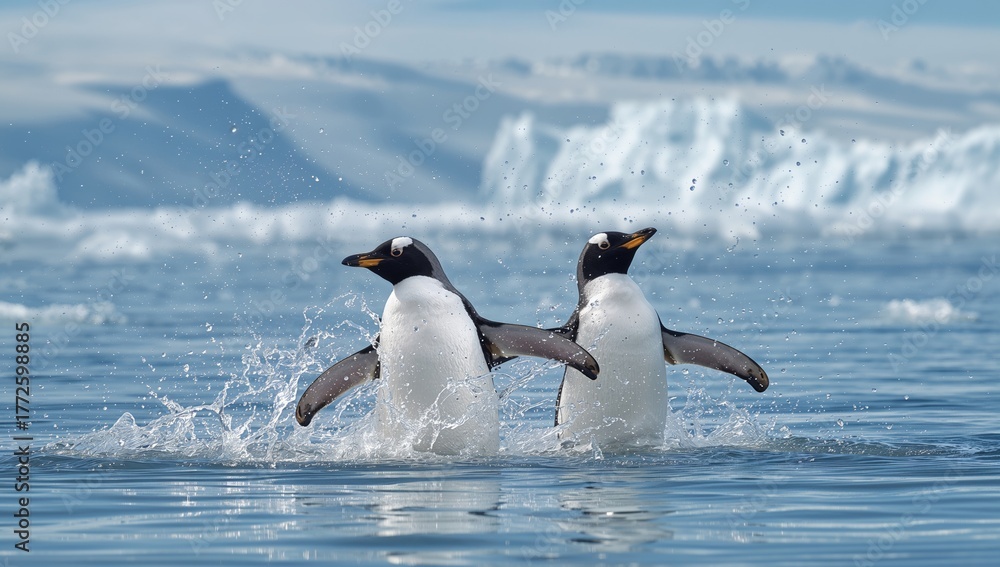 Obraz premium Two lively penguins frolic in freezing waters, displaying their nimbleness amidst snowy peaks and calm azure skies.