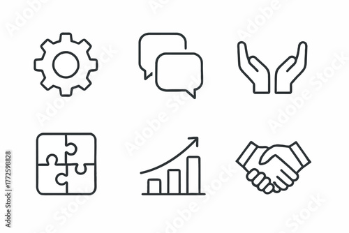 Set of business and communication icons: gear, speech bubbles, hands, puzzle, graph, handshake