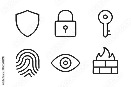 Cybersecurity icons: shield, lock, key, fingerprint, eye, firewall illustrations