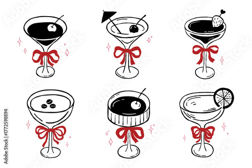 Whimsical cocktail glasses with bow, vector illustrations set, espresso martini, doodle sketch for party invitation, wine drinks