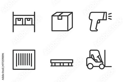 Warehouse inventory icons: storage, scanning, packaging, forklift, barcode, pallet
