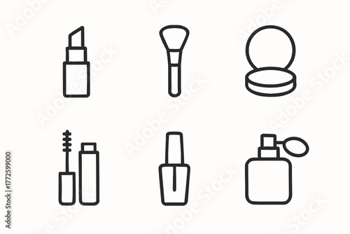 Minimalist cosmetic icons: lipstick, brush, compact, mascara, nail polish, perfume