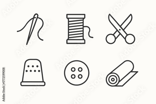 Sewing tools icons: needle, thread, scissors, thimble, button, fabric roll