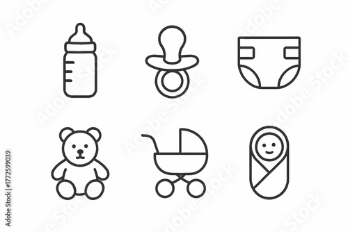 Set of baby icons including bottle pacifier diaper teddy bear stroller swaddle