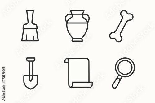 Archaeology icons: brush, vase, bone, shovel, scroll, magnifying glass