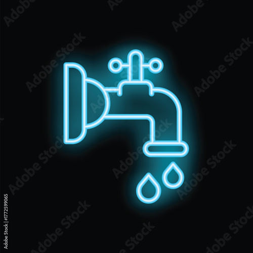 Blue neon icon of a water faucet dripping water, isolated on a black background
