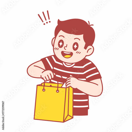 Excited cartoon boy with sparkling eyes opens a yellow shopping bag.