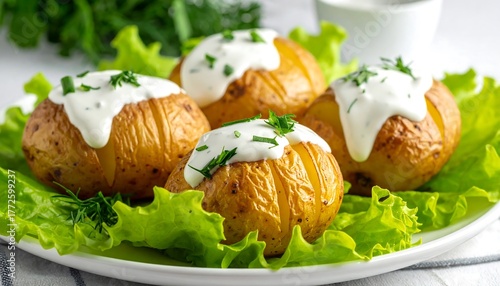 Four golden-brown, baked potatoes, each topped with a dollop of creamy white sauce and chives. Arranged on a bed of fresh green lettuce