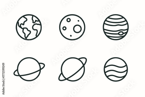 Outline icons of earth, moon, planets, saturn, and neptune