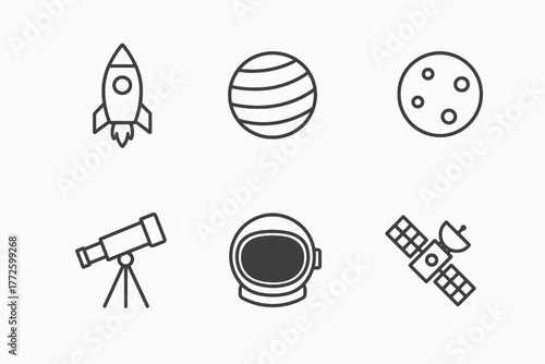 Space exploration icons: rocket, planet, telescope, helmet, satellite, moon
