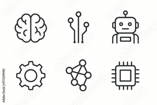 Technology icons: brain, circuit, robot, gear, network, microchip