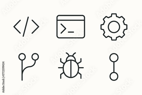 Tech icons: code, card, gear, network, bug, connection