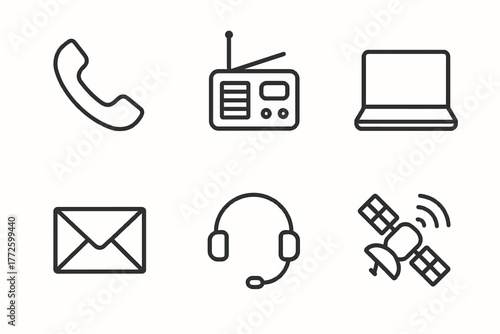 Communication icons set featuring phone, radio, laptop, email, headset, satellite