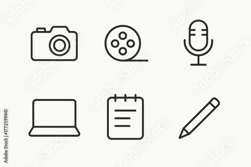 Minimalist icon set: camera, film reel, microphone, laptop, notebook, pencil